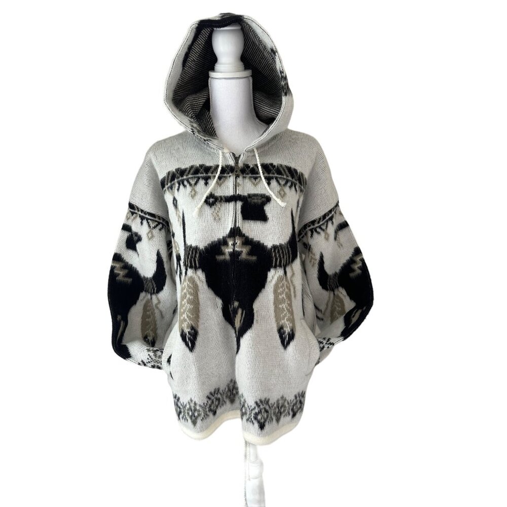 YARi Artensia Wester Longhorn Aztec Hooded Soft Wool Zip Sweater Mens L/ W -XL
